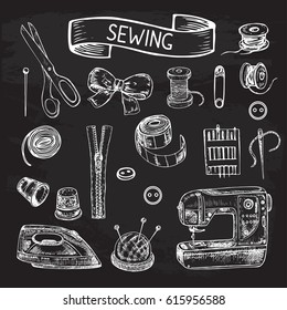 hand drawn sketch illustration sewing items on the black background