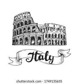 Hand drawn sketch illustration with the sights of Italy on a white background. Travels item