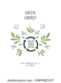 Hand drawn sketch illustration sign of green energy. Environmentally friendly planet concept. Think Green. Protect the World from pollution concept.