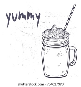 Hand drawn sketch illustration with smoothie mason jar.