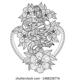 Hand drawn sketch illustration of snake and flowers for adult coloring book, T-shirt emblem, logo or tattoo, zentangle design elements. Zentangle stylized cartoon isolated on white background. 