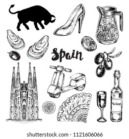 Hand drawn sketch illustration Spain set