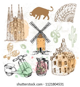 Hand drawn sketch illustration Spain set on a white background