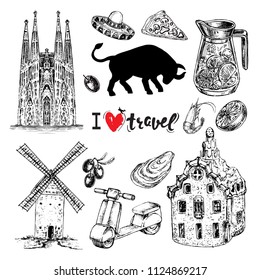 Hand drawn sketch illustration Spain. Travel set