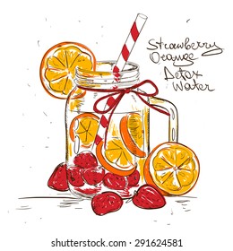 Hand drawn sketch illustration with Strawberry Orange detox water. Healthy lifestyle concept.