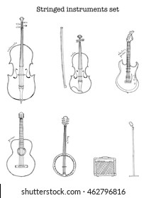 Hand drawn sketch illustration of stringed instruments set with microphone on the stand and an electronic amplifier and lettering violoncello, violin, guitar, electric guitar, banjo vector