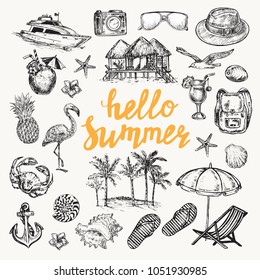 hand drawn sketch illustration summer set with lettering hello summer