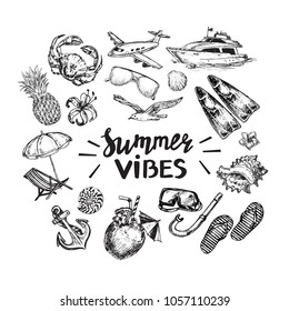 Hand drawn sketch illustration summer set card