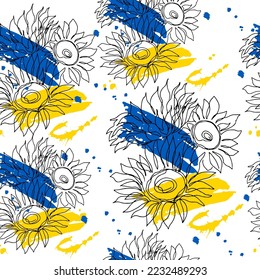 Hand drawn sketch illustration sunflowers in one line style seamless pattern. Symbol of Ukraine. No war