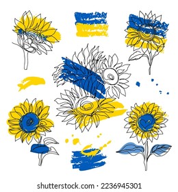 Hand drawn sketch illustration sunflowers in one line style on a white background. Symbol of Ukraine. No war