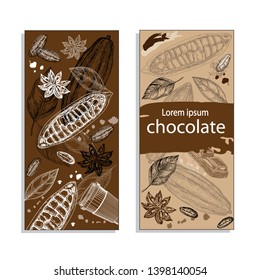 Hand drawn sketch illustration template card with cocoa beans products on brown background