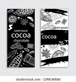 Hand drawn sketch illustration template card with cocoa beans products