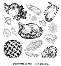 Hand drawn sketch illustration with Thanksgiving collection on a white background