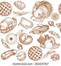 Hand drawn sketch illustration with Thanksgiving day food seamless pattern. Turkey, corn and pie