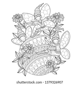 Hand drawn sketch illustration of Three Elfs for adult coloring book, T-shirt emblem, logo or tattoo, zentangle design elements. Zentangle stylized cartoon isolated on white background. 