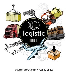 Hand drawn sketch illustration transport logistic. Airplane, truck, train and ship