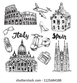 Hand drawn sketch illustration travel set with Spain and Italy