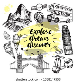 Hand drawn sketch illustration travel set. Piza, London, Peru on a white background