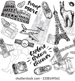 Hand drawn sketch illustration Travel collection London, Spain, Italy, France seamless pattern