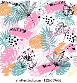 Hand drawn sketch illustration tropical leaves pink and blue leaves seamless pattern on a white background