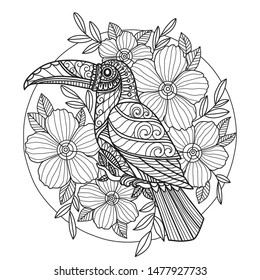 Hand drawn sketch illustration of Tucan for adult coloring book, T-shirt emblem, logo or tattoo, zentangle design elements. Zentangle stylized cartoon isolated on white background. 