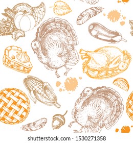 Hand drawn sketch illustration with turkey, pie, corn, cornucopia and other Thanksgiving items seamless pattern on white background