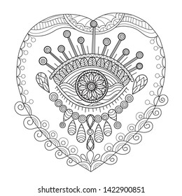 Hand drawn sketch illustration of Turkish evil eye for adult coloring book, T-shirt emblem, logo or tattoo, zentangle design elements. Zentangle stylized cartoon isolated on white background. 