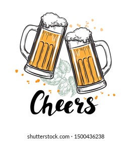 Hand drawn sketch illustration with two glasses of beer and the inscription Cheers on a white background