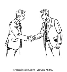 Hand drawn sketch illustration of two professional businessmen in suits shaking hands, representing a business agreement