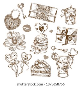 Hand drawn sketch illustration with valentine's day items isolated. Romantic set