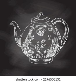 Hand drawn sketch illustration. Vector monochrome vintage porcelain teapot. White sketch isolated on black chalkboard. Icons and elements for print, labels, packaging. Vintage, doodle style.