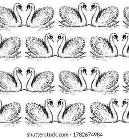 Hand drawn sketch illustration with wedding swans seamless pattern