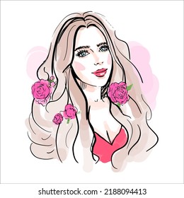 Hand drawn sketch illustration of a woman's face with flowers in her hair.