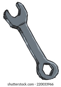 hand drawn, sketch illustration of wrench