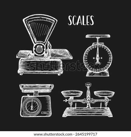 Hand drawn sketch illustrations set of scales, weights. Outline drawing in engraving style. Store, market, shop concept. Vector