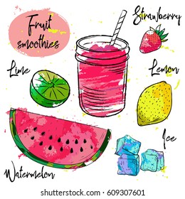 Hand drawn sketch illustration.Vegan Detox drinks.Recipe of smoothie with fruit and berries.