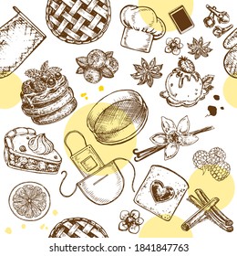Hand drawn sketch illustrator with delicious desserts, pastries and items for cooking seamless pattern