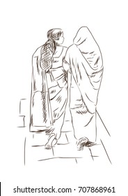 Hand drawn sketch of Indian ladies walking with wearing sari in vector.