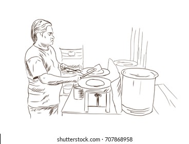 Hand Drawn Sketch Of Indian Man Making Street Food In Vector.