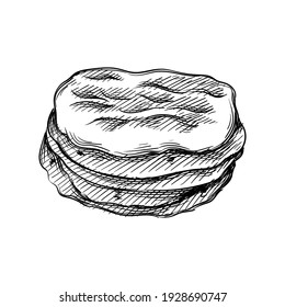 Hand drawn sketch of Indian tortillas on a white background. Indian cuisine. Food. Meals. 