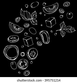 Hand drawn sketch of ingredients. Fresh greek salad  with greens, olives, cherry tomatoes, onions, cheese and cucumber. Organic food. Vector illustration on black background