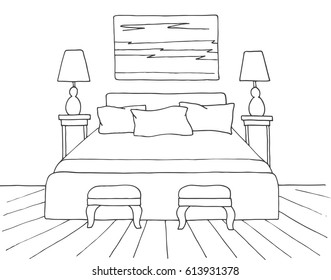 Hand drawn sketch of  interior. Line bedrooms Vector illustration.