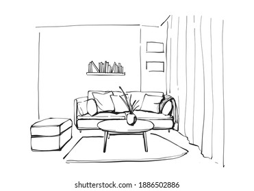 Hand drawn sketch interior living room modern style - Illustration.