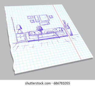 Hand drawn sketch of the interior on a notebook sheet. Hand drawn vector illustration of a sketch style.