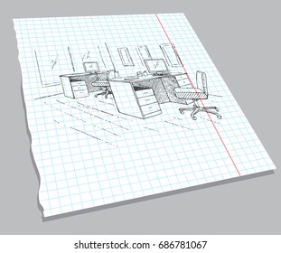 Hand drawn sketch of the interior on a notebook sheet. Quick drawing of office furniture. Vector illustration in sketch style.