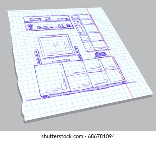 Hand drawn sketch of the interior on a notebook sheet. Linear sketch of the interior. Bookcase, dresser with TV and shelves. Vector illustration