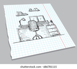 Hand drawn sketch of the interior on a notebook sheet.Office chair, desk, various objects on the table. Sketch workspace.  Vector illustration