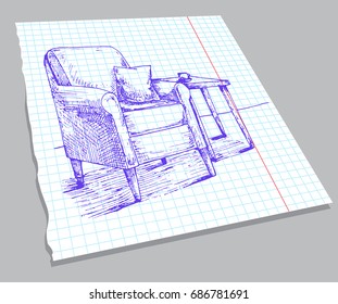 Hand drawn sketch of the interior on a notebook sheet. Soft armchair with a pillow, table with a cup. Vector illustration in sketch style.