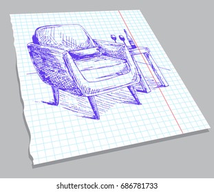 Hand drawn sketch of the interior on a notebook sheet. Soft chair with a pillow, a table with a bottle of wine and glasses. Vector illustration in sketch style.