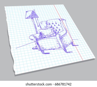 Hand drawn sketch of the interior on a notebook sheet. Soft armchair with a pillow, a lamp on the floor. Vector illustration in sketch style.